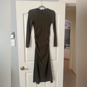 Mango Dark Olive Long Sleeve Dress With Ruched Sides
